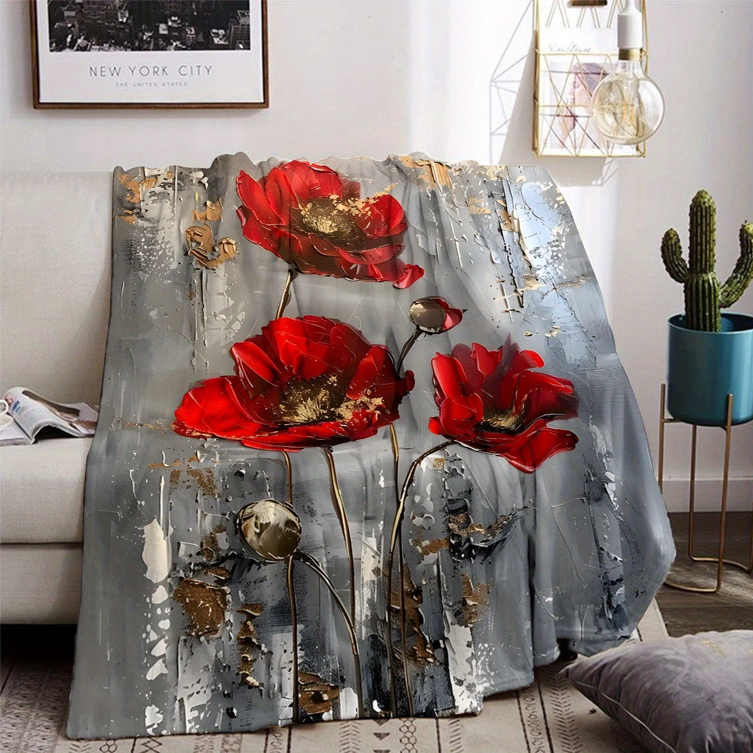 Contemporary Red Poppy Pattern Throw Blanket for Sofa Bed Travel Durable Polyester