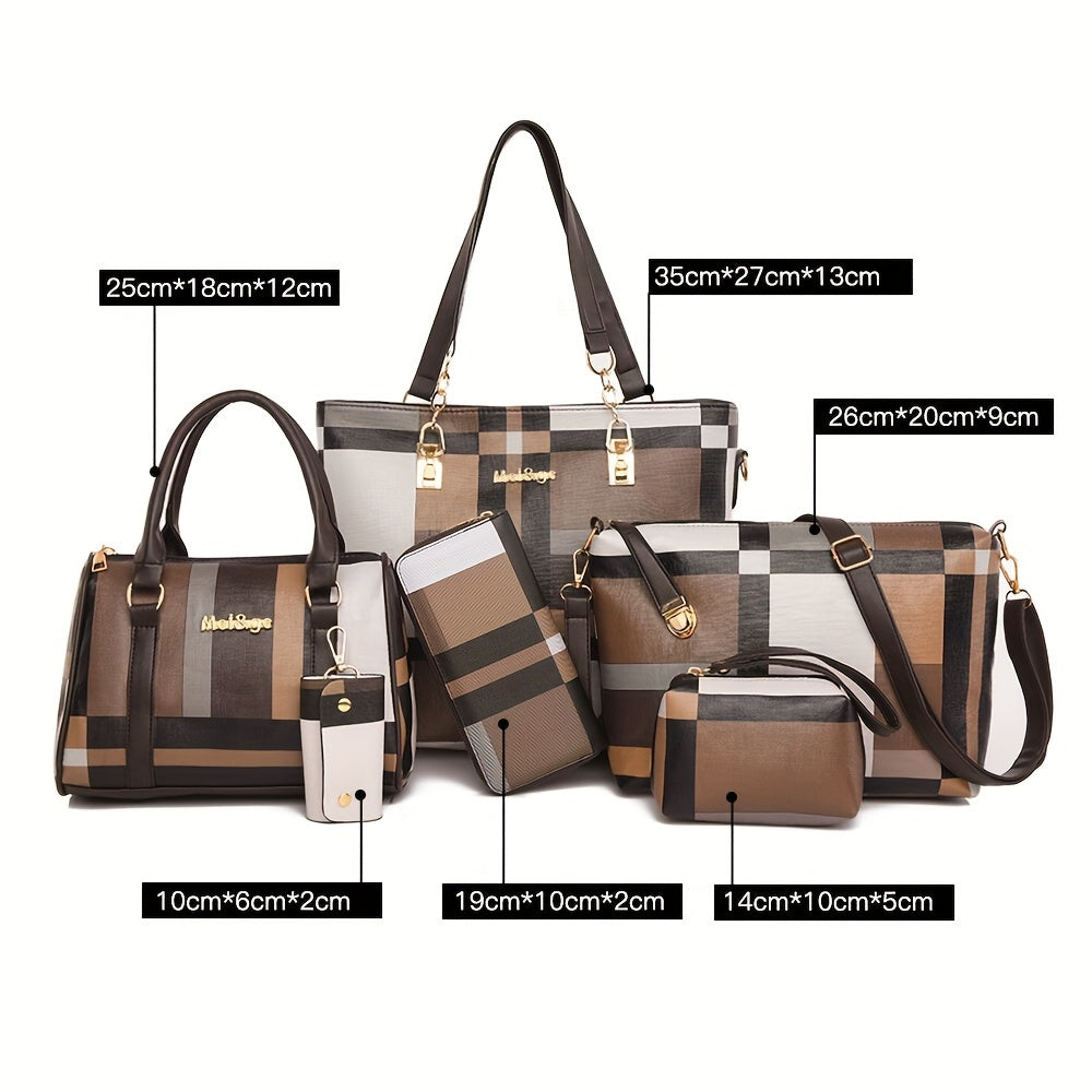 Checkered Faux Leather Handbag Set for Women with Tote Crossbody Shoulder Bags