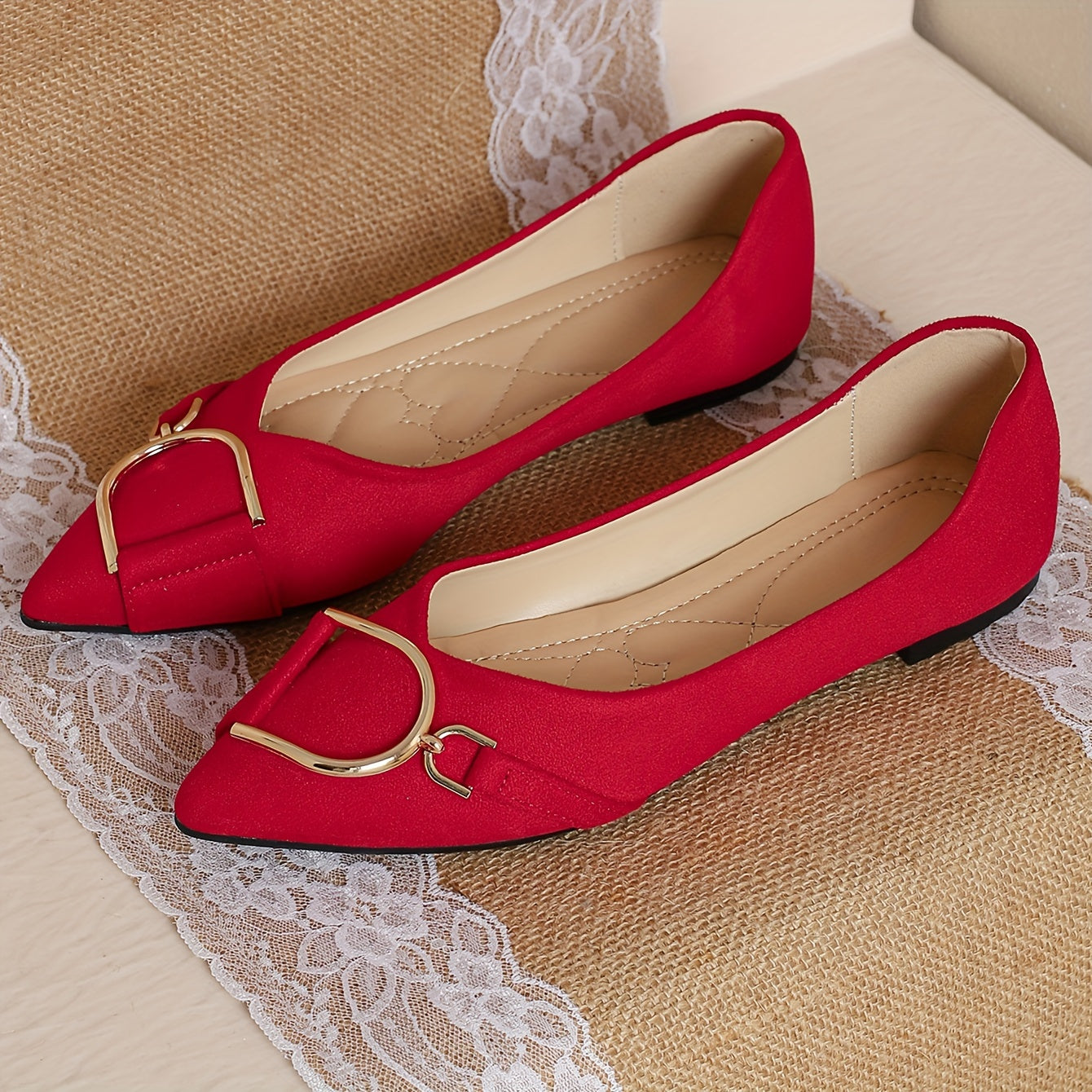 Women's Red Slip-On Flats with Pointed Toe and Buckle