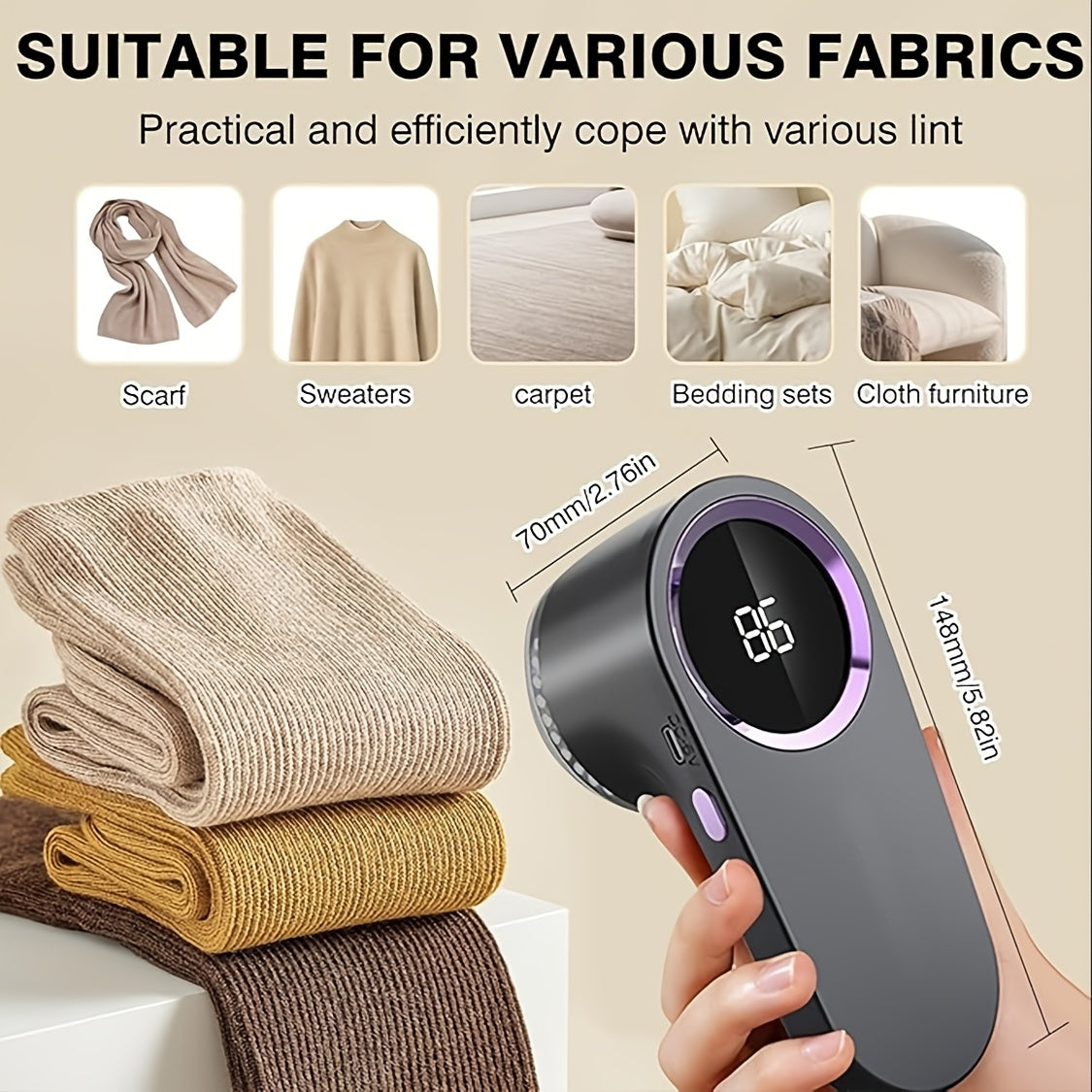 USB orqali zaryadlanadigan portativ to'qimalarni olib tashlovchi kiyimlardan, divanlardan va gilamlardan fuzz va bobblarni osonlik bilan yo'q qiladi.