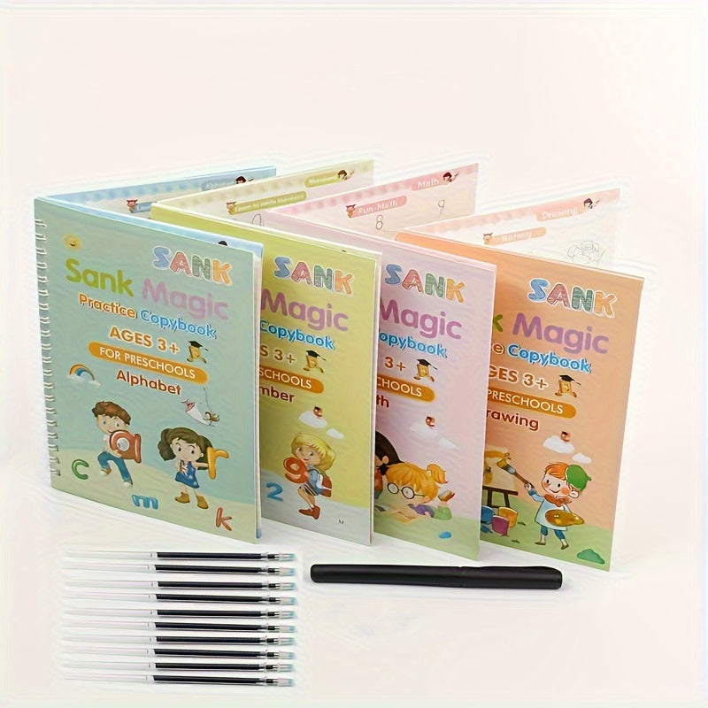 Conjunto de libros de práctica de caligrafía en inglés para niños de 3 años en adelante con pluma de acero, pluma dura y ranuras digitales