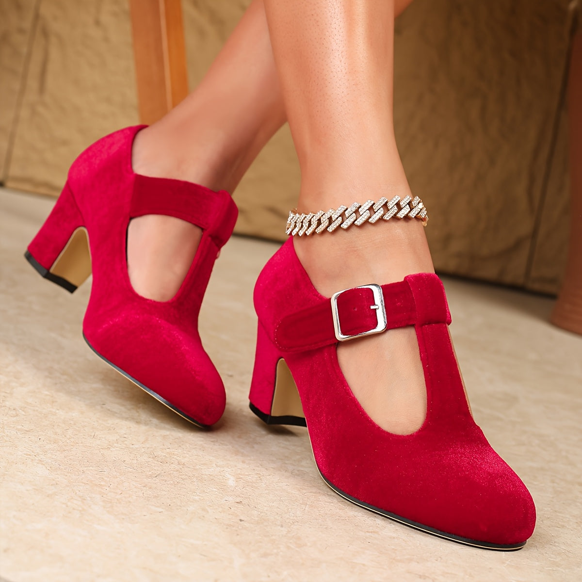 Women's Velvet Mary Jane Pumps with Ankle Strap and Round Toe
