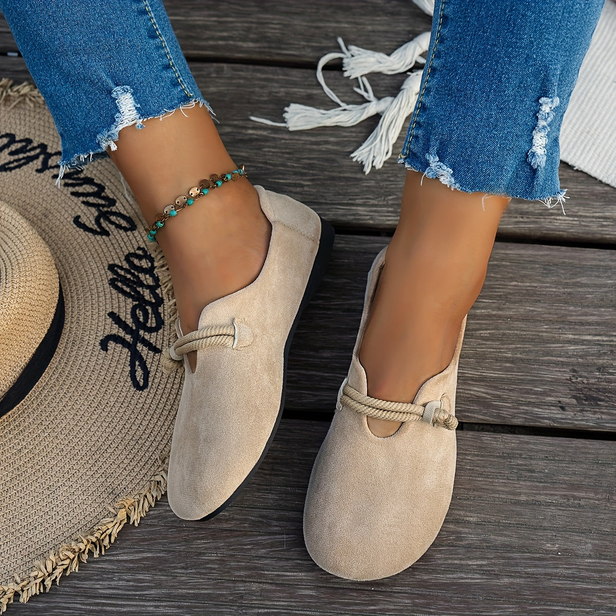 Women's Soft Sole Brown Flats, Slip-On Casual Shoes, Non-Slip Rubber