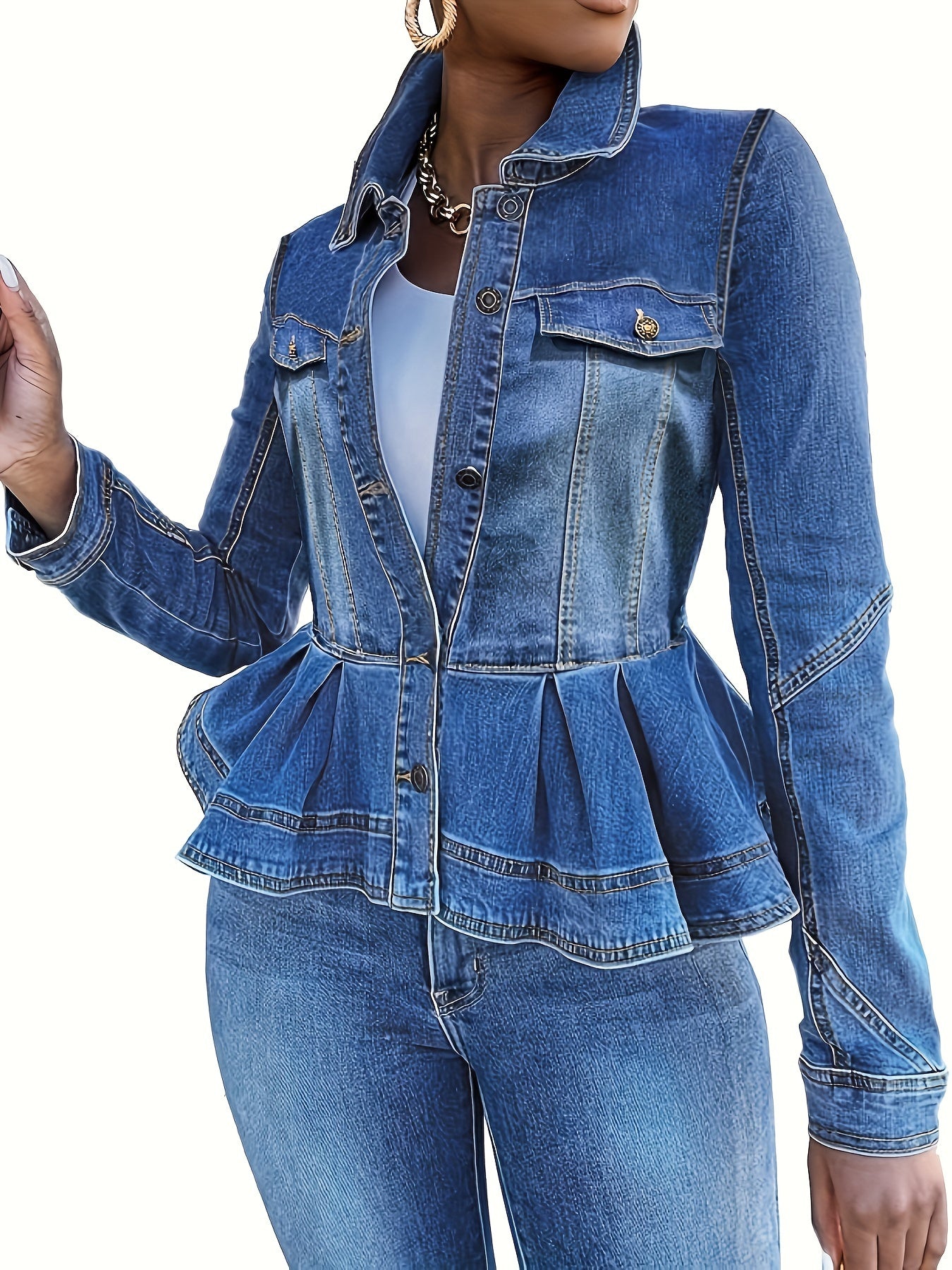 Women's Plus Size Denim Jacket Ruffle Hem Light Wash Blue Spring Outerwear