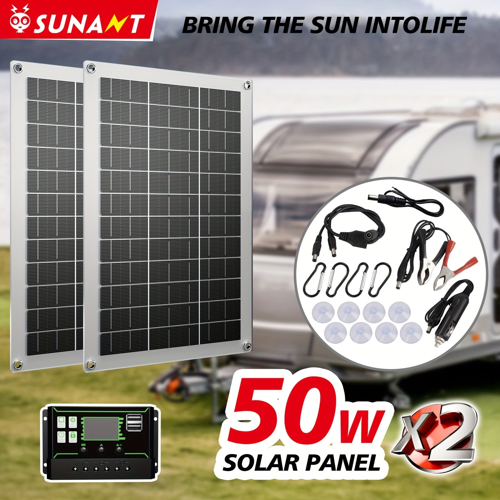 2-Pack 50W Solar Panels with USB DC Charging Controller for Cars Yachts RVs