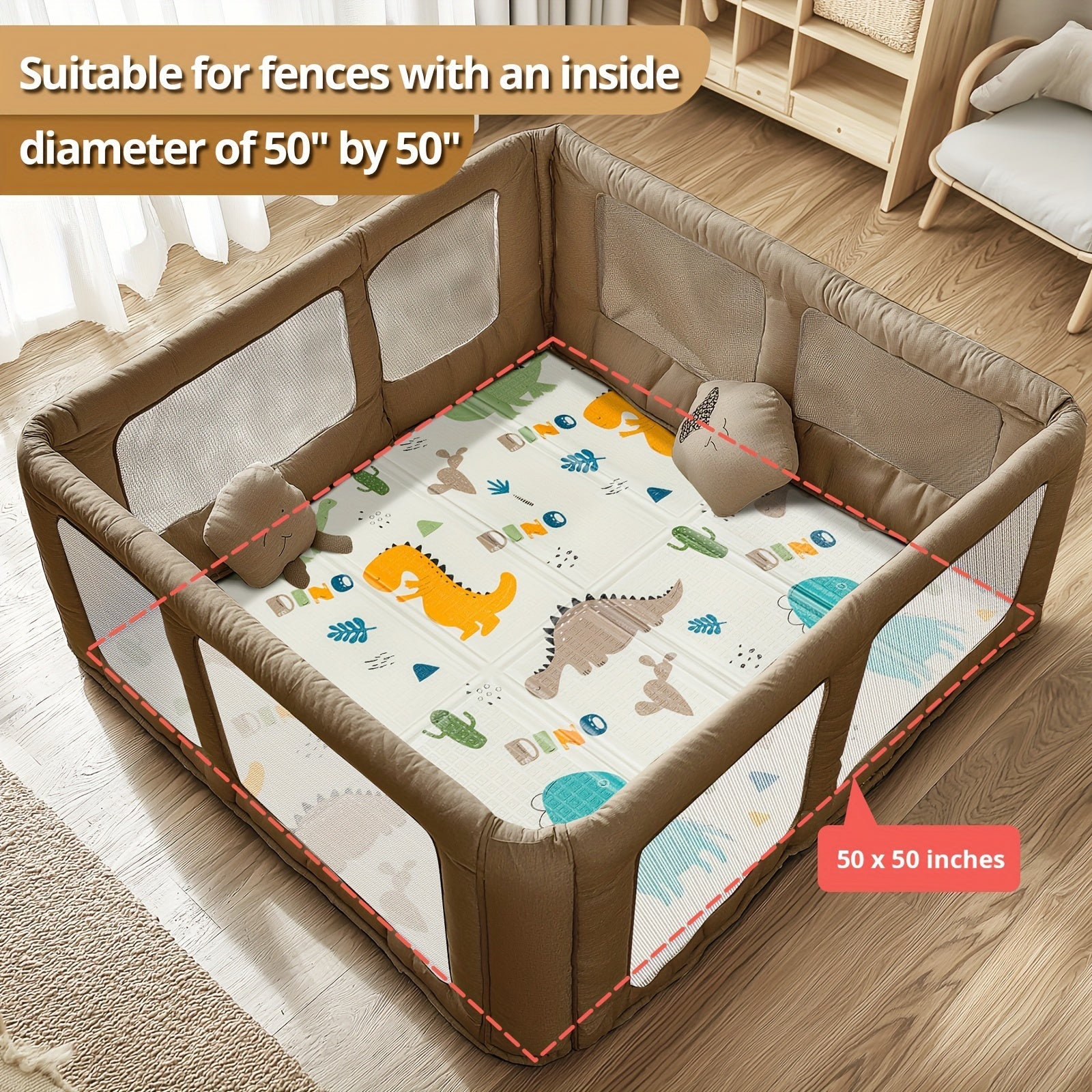 Reversible Play Mat with Dinosaur and Alphabet Patterns 127x127 cm Waterproof Non-Slip Foldable Indoor Floor Mat