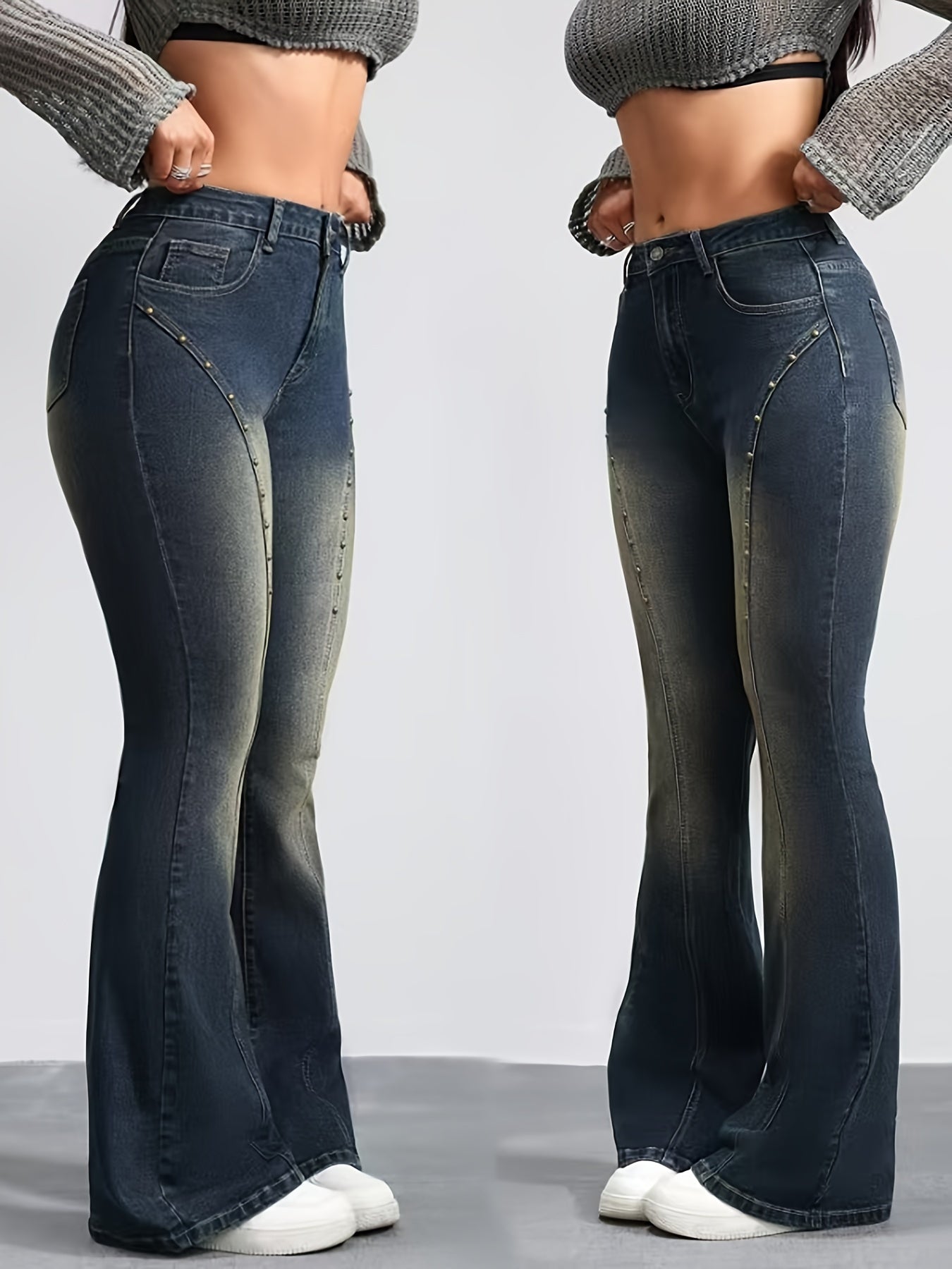 Women's Beaded High-Waisted Flare Jeans Stretch Denim Solid Color Plus Size