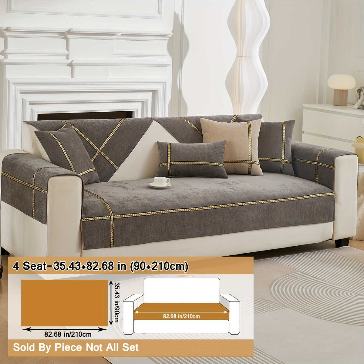 Серый чехол на диван из шенилля с золотой плетеной отделкой, противоскользящий, подходит для домашних животных, для 1-4 местных