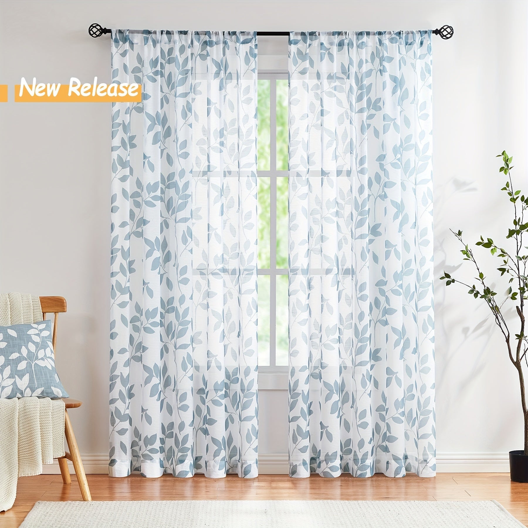 White Leaf Print Linen Sheer Curtains for Bedroom, Living Room, Office