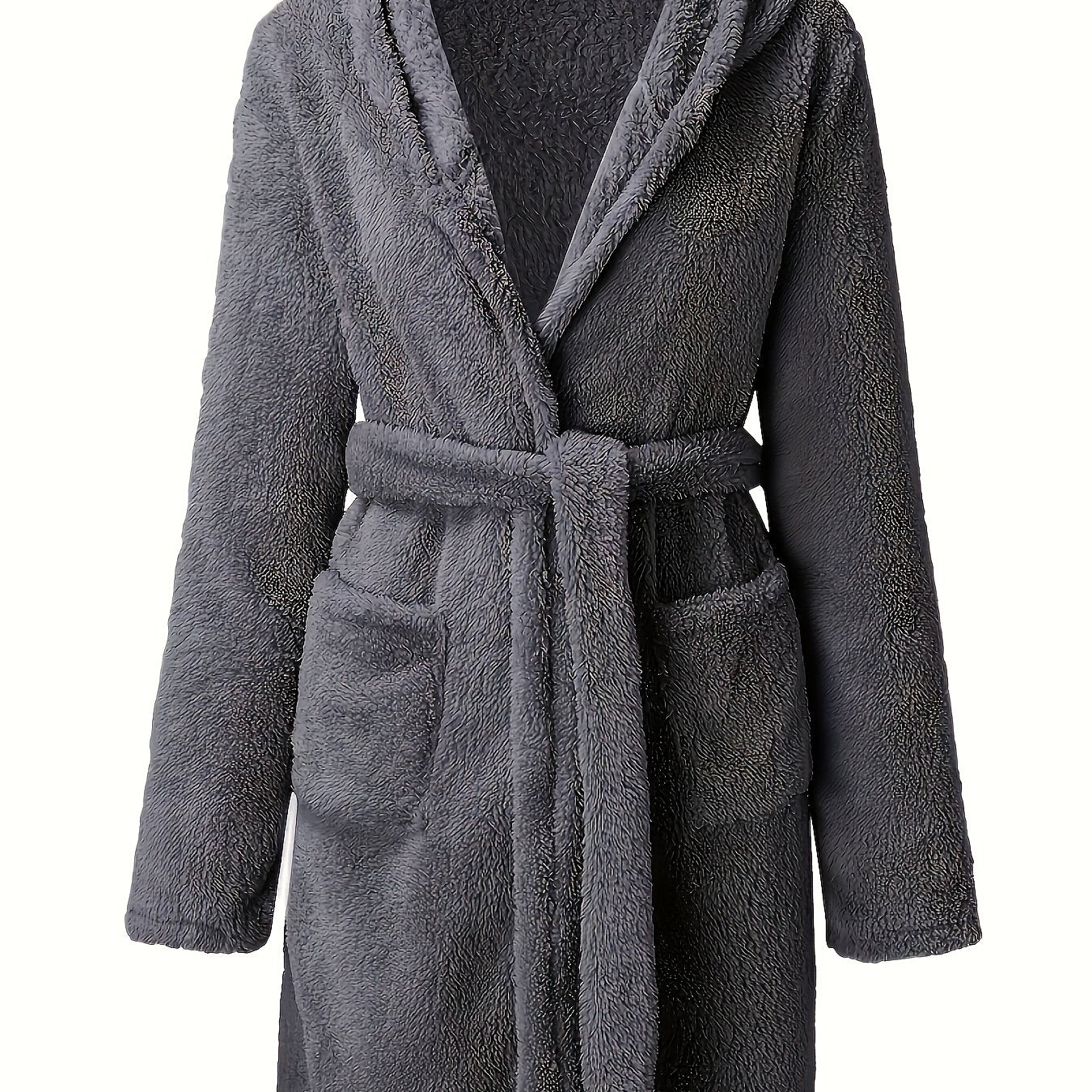 Мужской тёмно-коричневый флисовый халат с капюшоном, карманами и V-образным вырезом