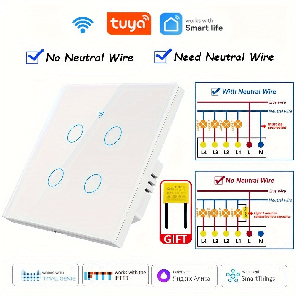 WiFi Smart Switch EU Plug No Neutral Wire Needed Voice Control Compatible with Alexa Google Home 1/2/3/4 Gang Tempered Glass Panel