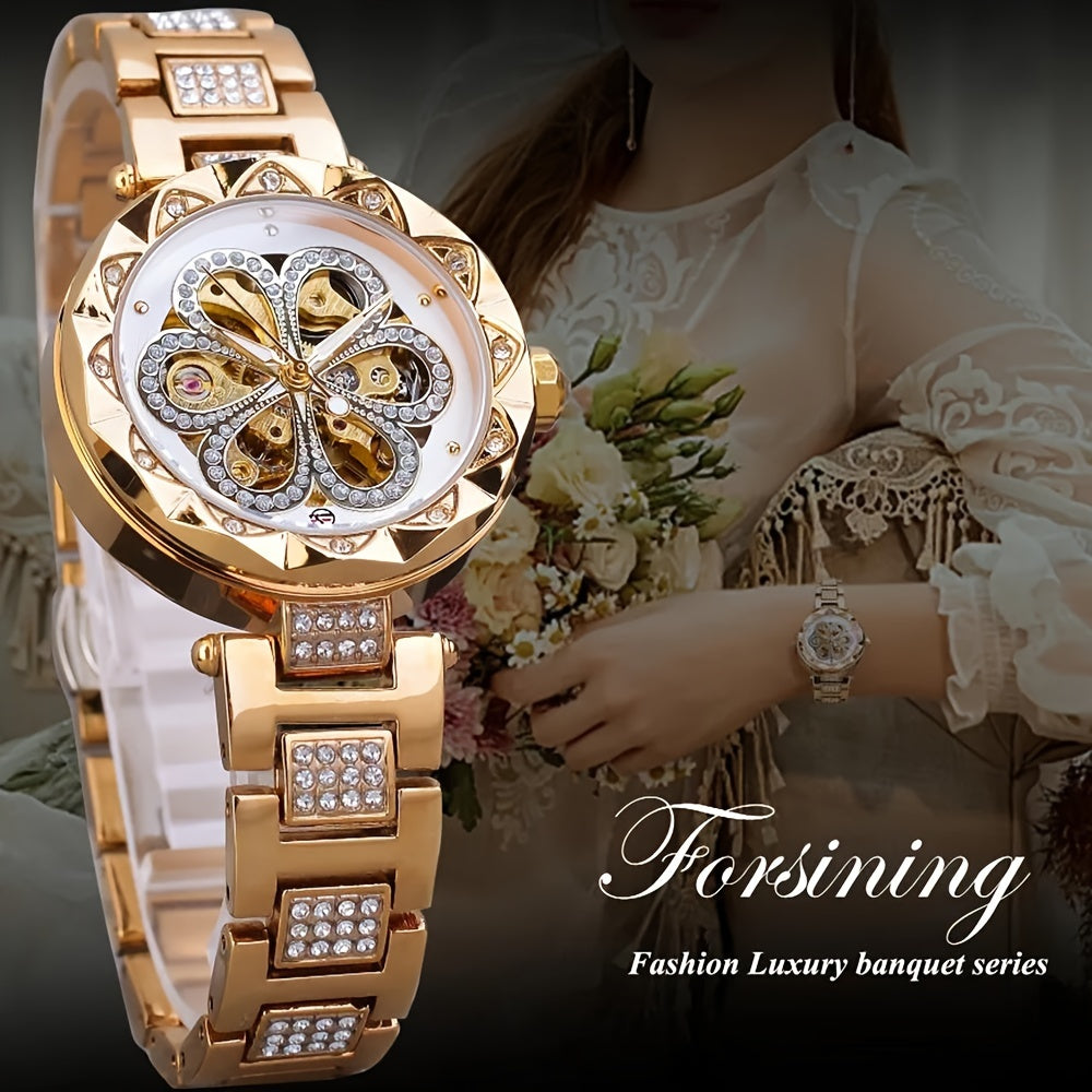 Women's Mechanical Watch Rhinestone Flower Skeleton Stainless Steel Wristband