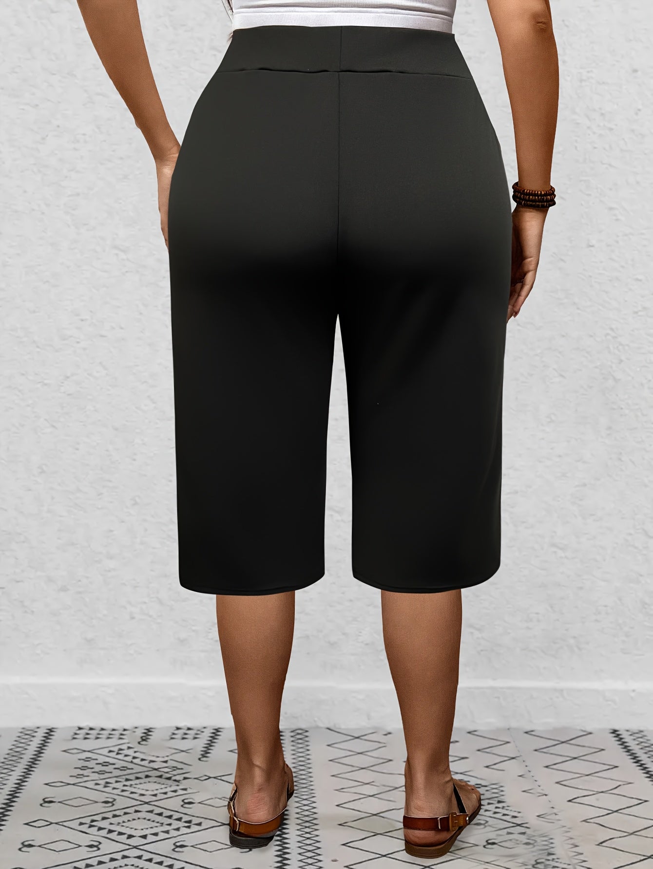 Plus Size Stretchy Black 3/4 Sleeve Straight Leg Pants Casual Wear