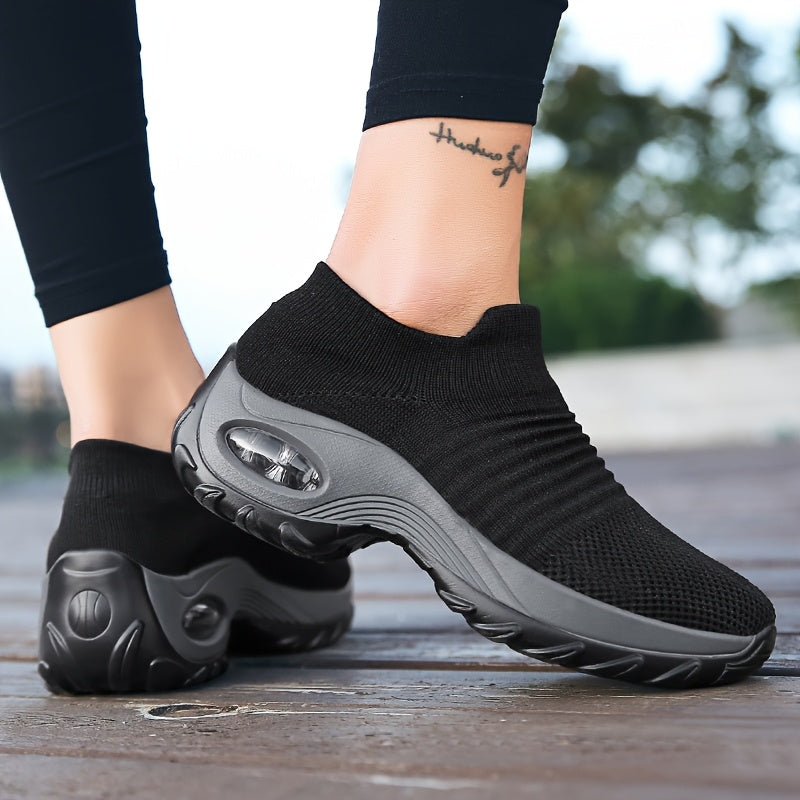 Women Knit Slip-On Walking Shoes Breathable Air Cushion Black Casual Sneakers