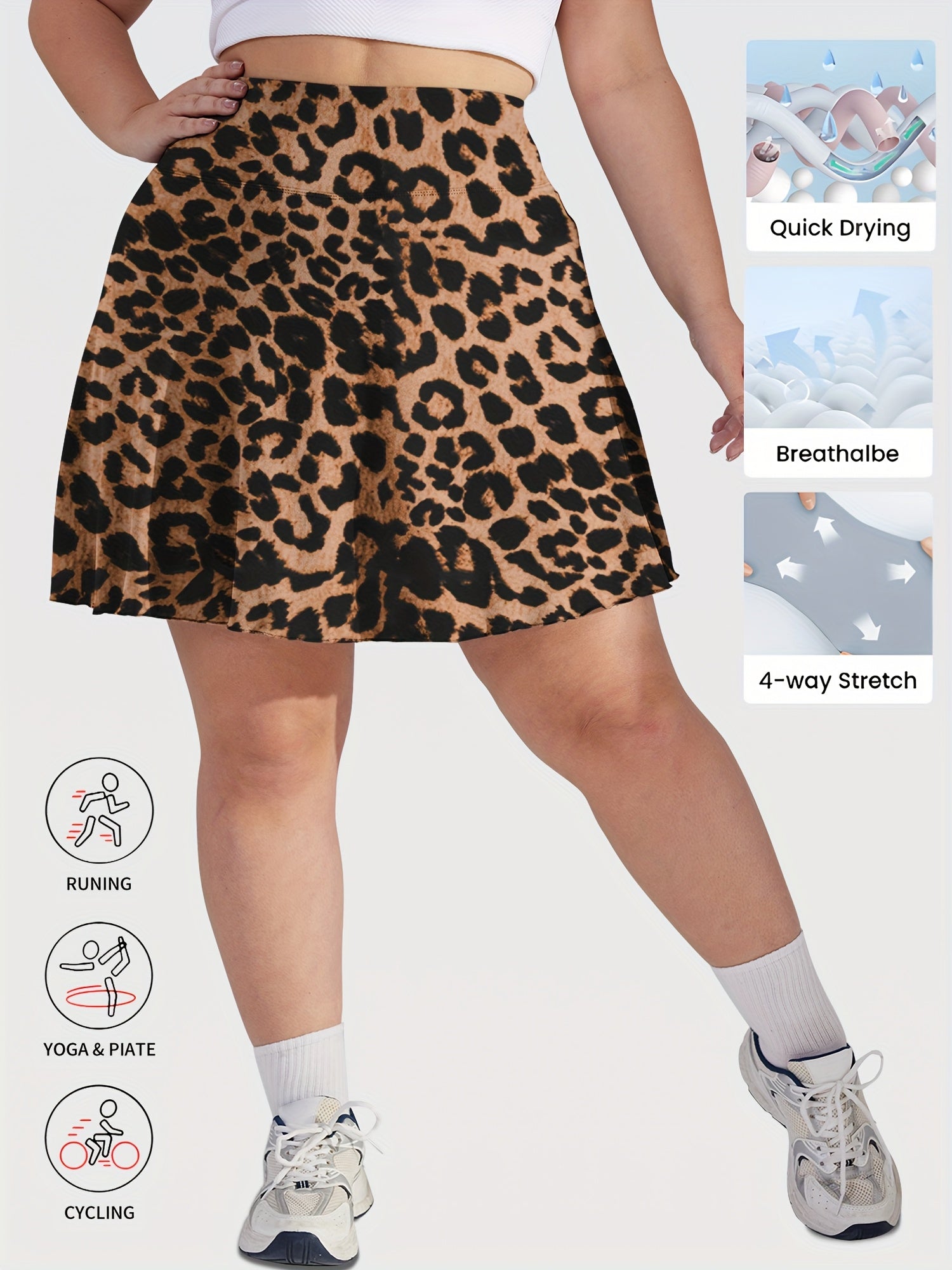 Plus Size High-Waisted Flared Skirt Shorts Tummy Control Leopard Print Summer Comfortable