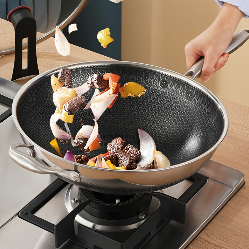 Juego de wok de acero inoxidable con tapa y espátula, sartén antiadherente para saltear y cocinar