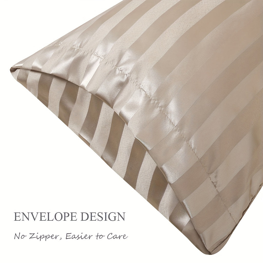 Set of 2 Satin Pillowcases with Envelope Closure Striped Pattern Ultra-Soft Woven Fabric for Hair and Skin