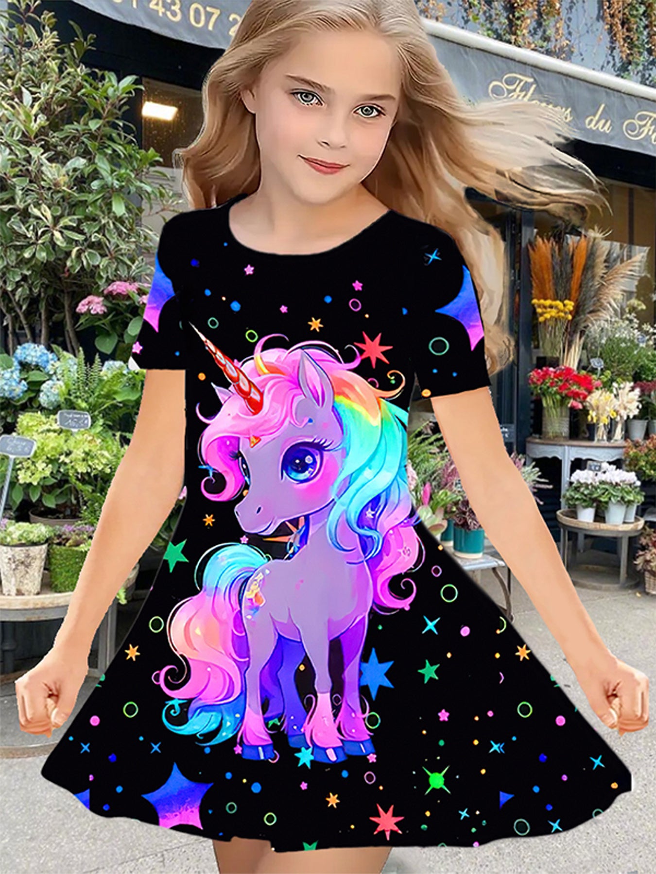 Girls' Polyester Dress with Unicorn and Star Print for Birthday and Spring Summer Events