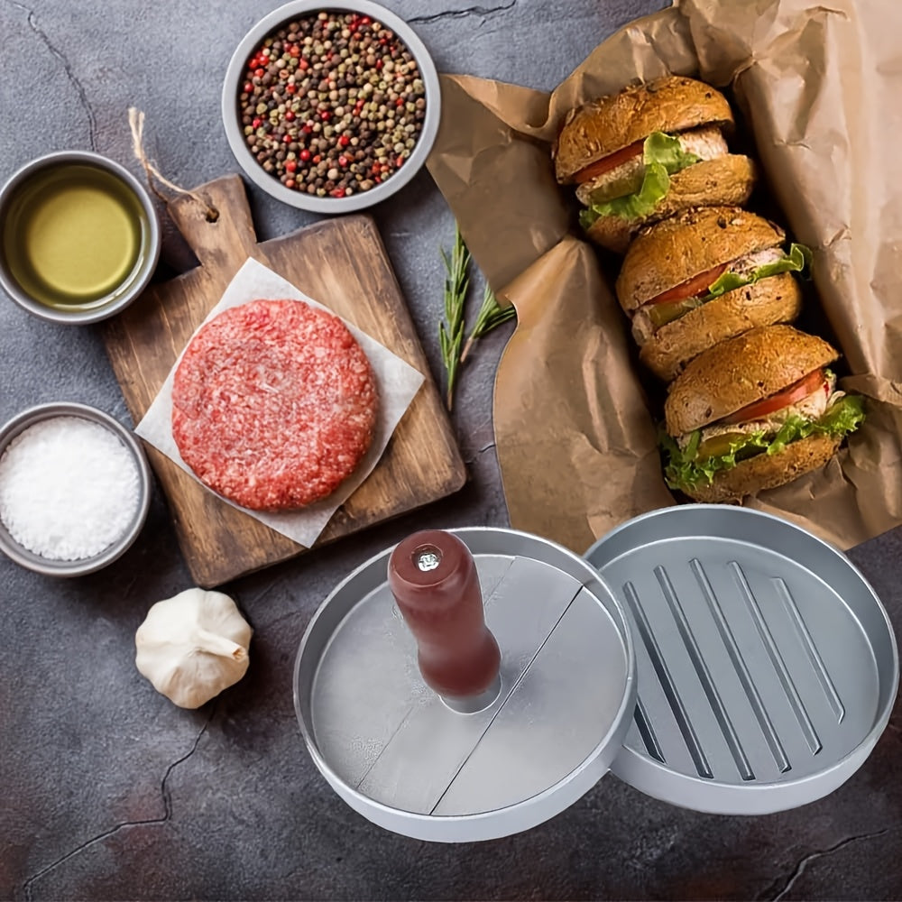 Grey Metal Burger Press with Non-Stick Coating and Wooden Handle