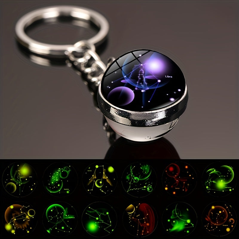 Starry Night Zodiac Keychain Double-Sided Glass Ball Glow-in-Dark Car Accessory