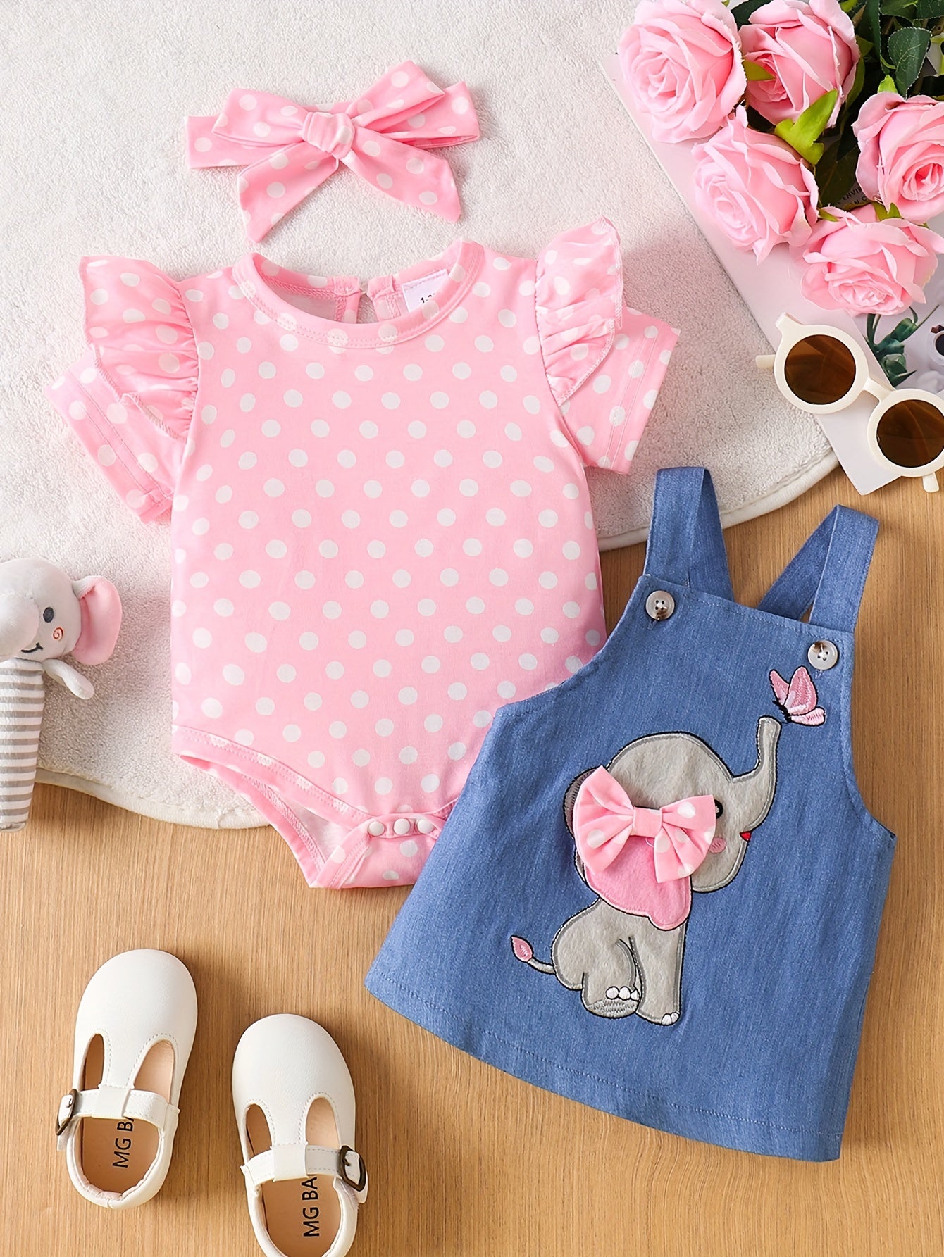 Комплект для девочек: комбинезон и юбка с рисунком слона в розовом и синем, мягкая вязаная ткань, пригодна для машинной стирки