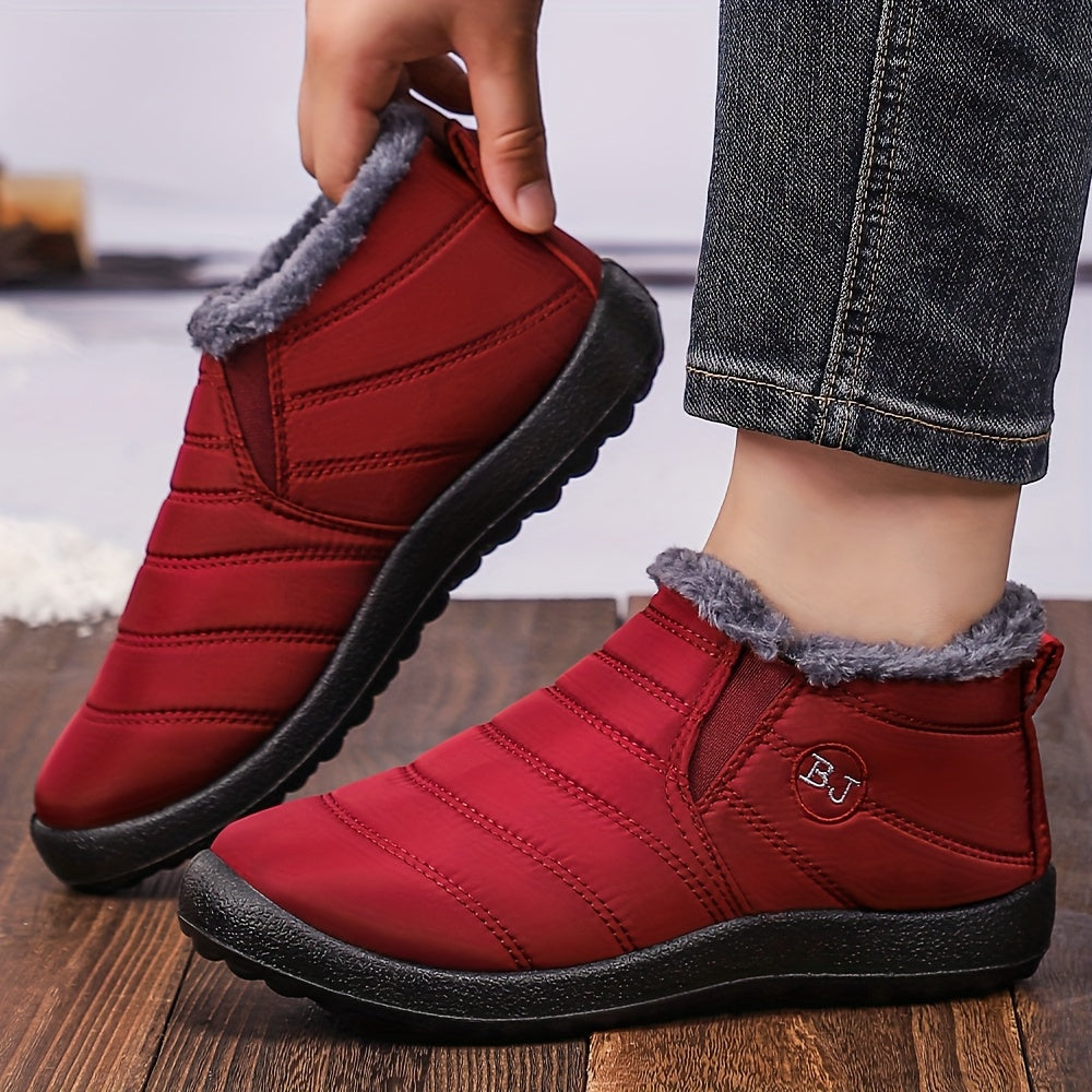 Women's Slip-On Ankle Boots Black Soft Fabric Plush Lining Comfortable Flat