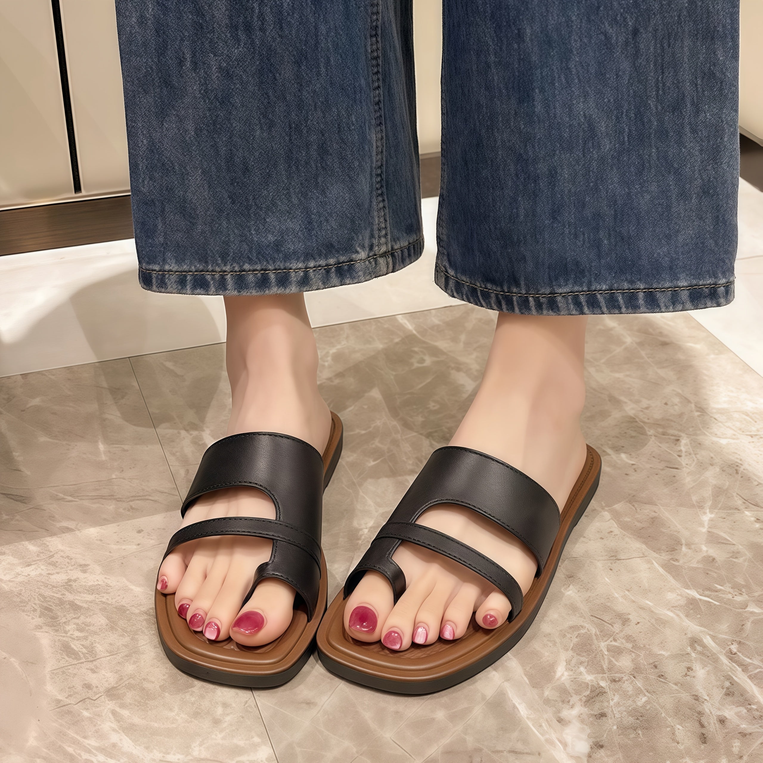 Women's Flat Sandals Open Toe Summer Slides Brown TPU Casual Beach