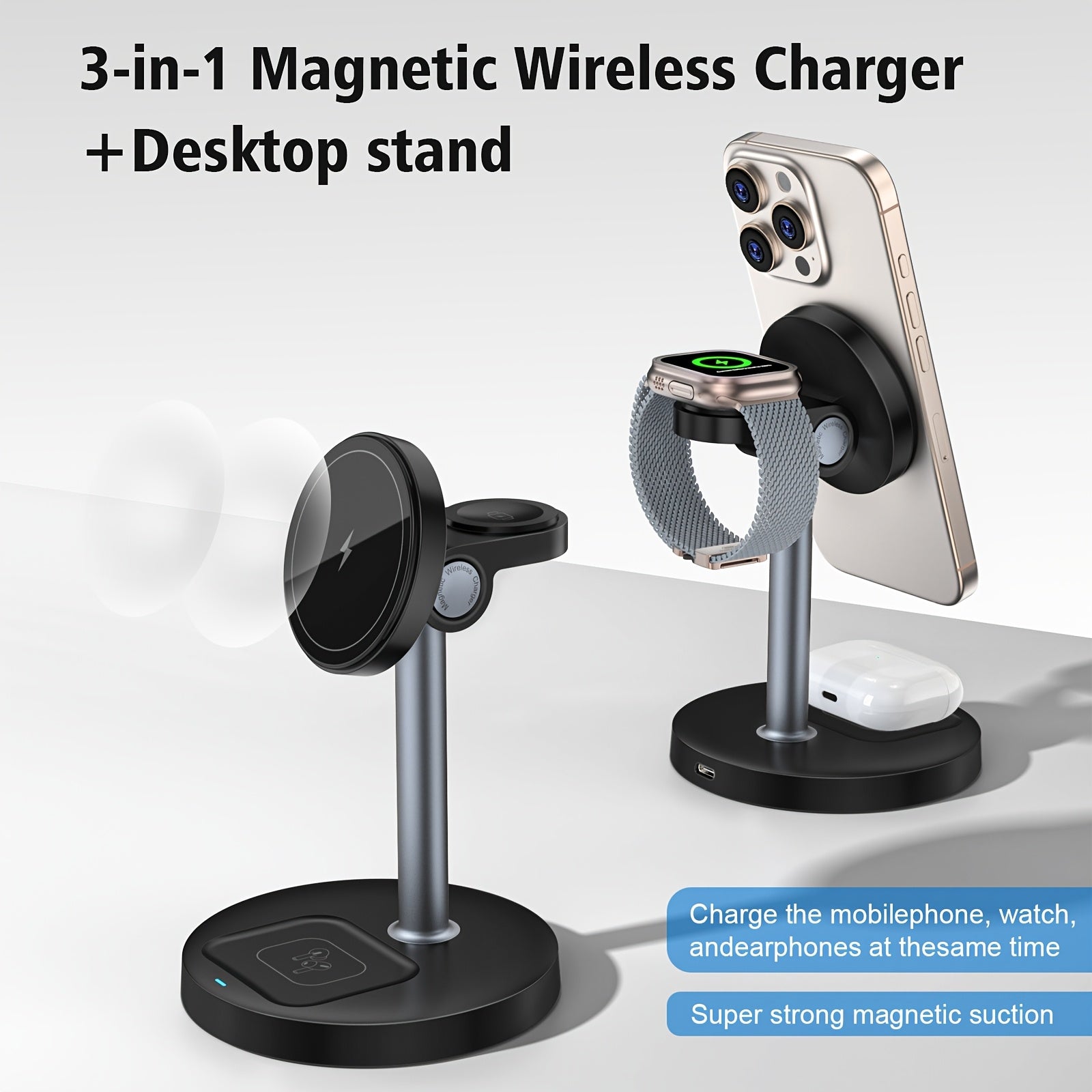 15W Magnetic Wireless Charger Stand for iPhone 12-16 Series with Adjustable Angle and Heat Dissipation Vents