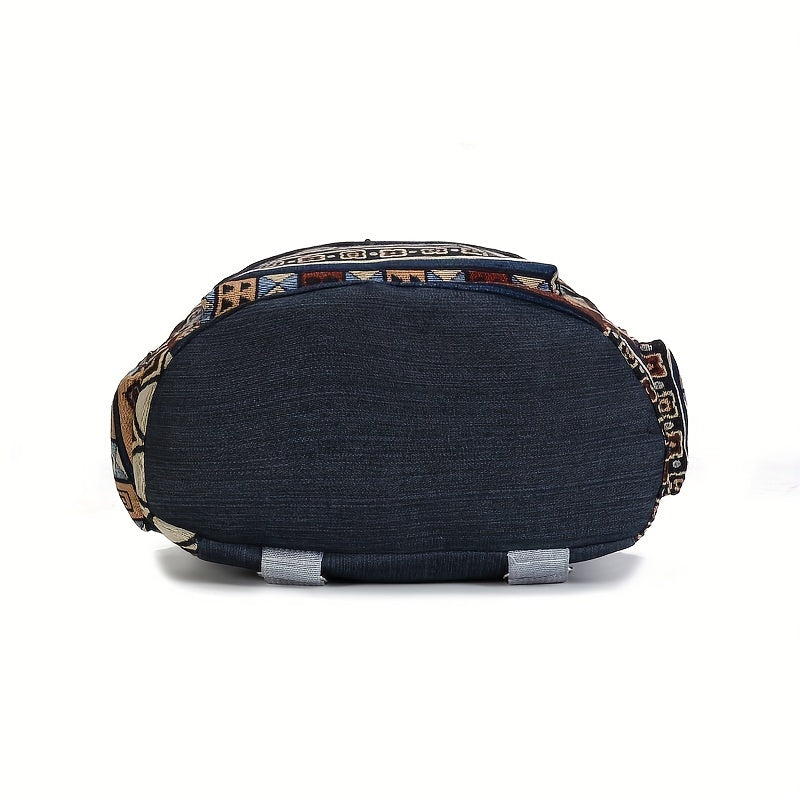 Women's Denim Backpack with Geometric Tribal Pattern Adjustable Straps Large Capacity Blue Brown