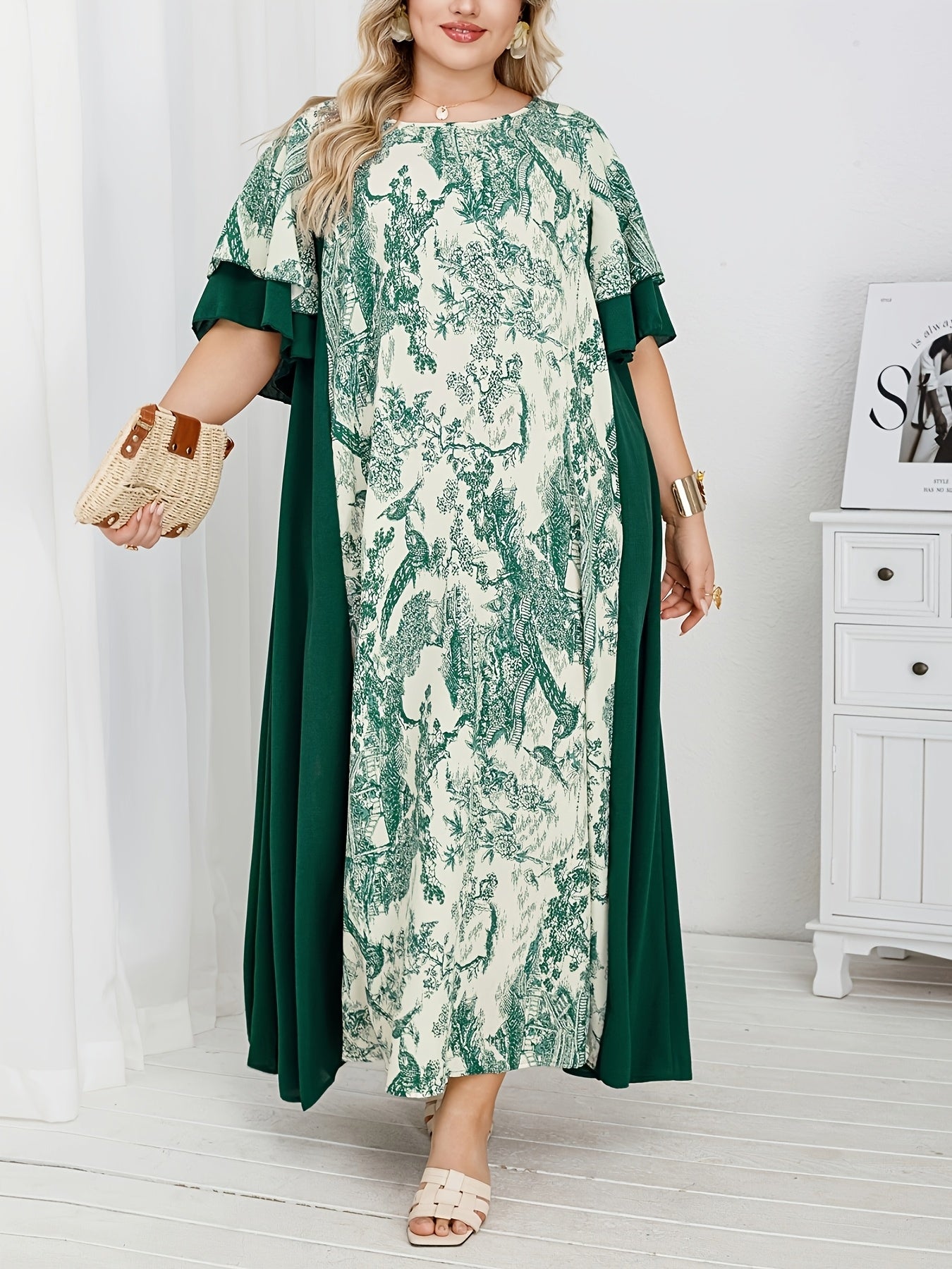 Plus Size Middle Eastern Style Loose Dress With Contrasting Patchwork Print