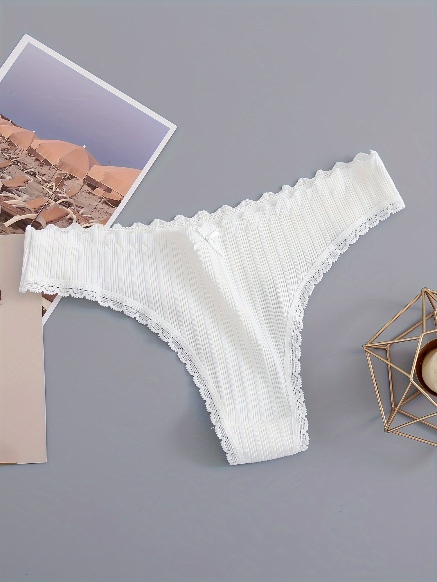 Women's Floral Lace Trim Thongs Low Waist Panties with Scallop Edge Set