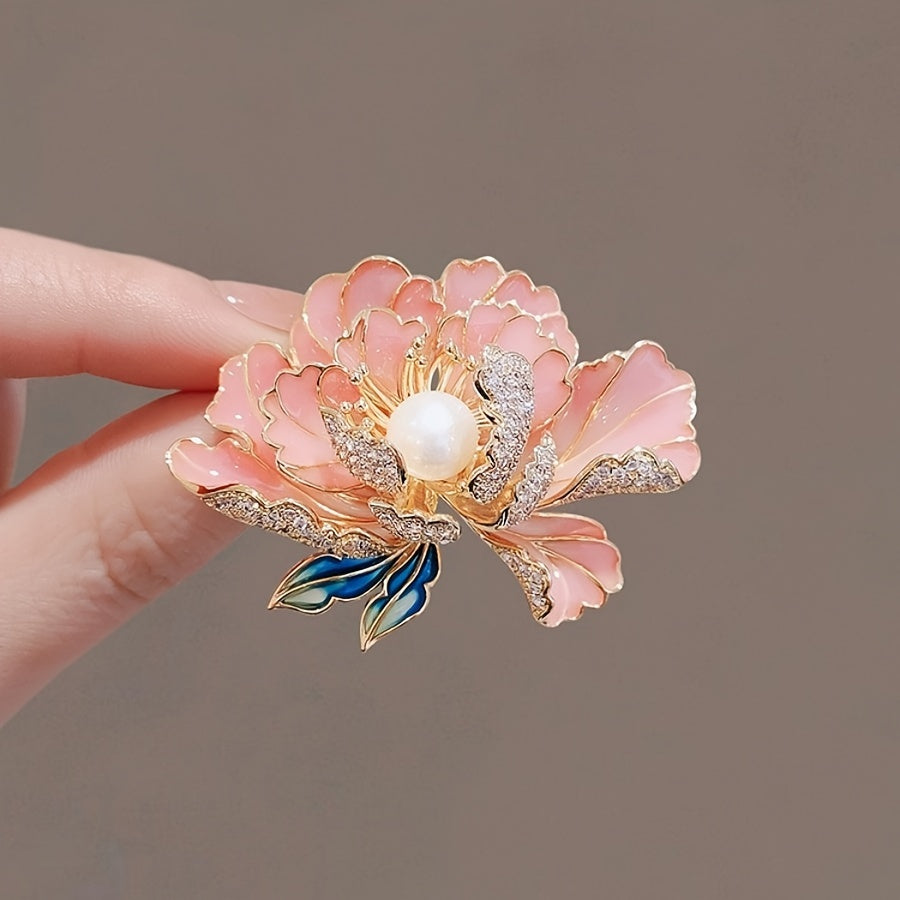 Elegant Enamel Peony Brooch for Women Faux Pearl Floral Pin Accessory
