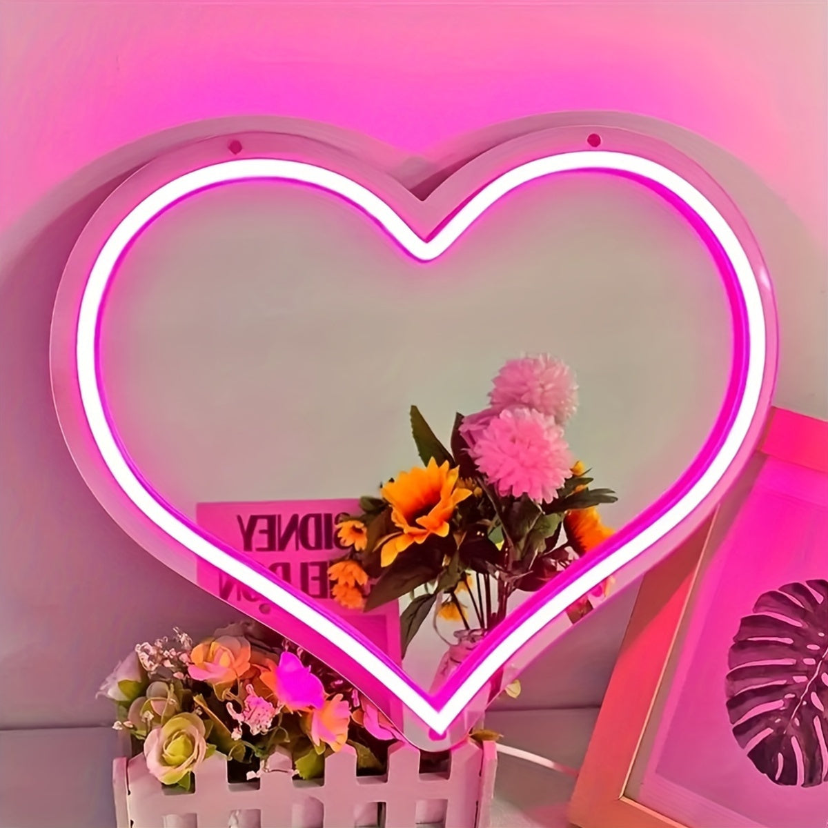 Pink Heart Neon Wall Decor USB-Powered Mirror with Switch Control