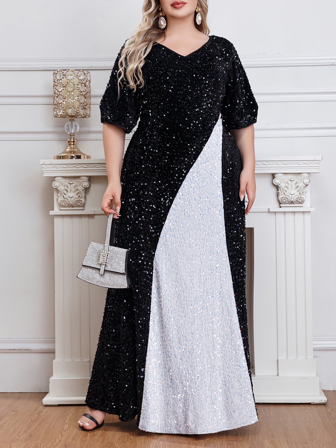 Plus Size Black Night Starry Sky Sequin Dress Evening Gown