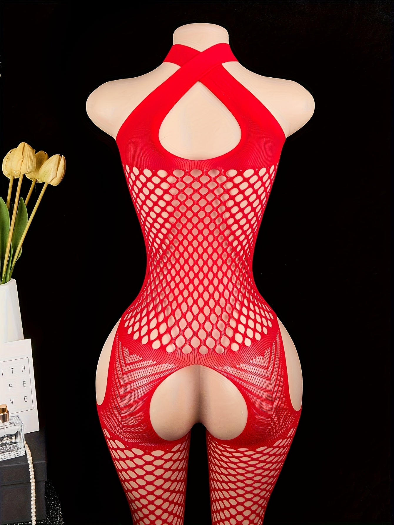 Women's Red Halter Fishnet Bodysuit Lingerie Open Crotch See-Through Hollow-Out