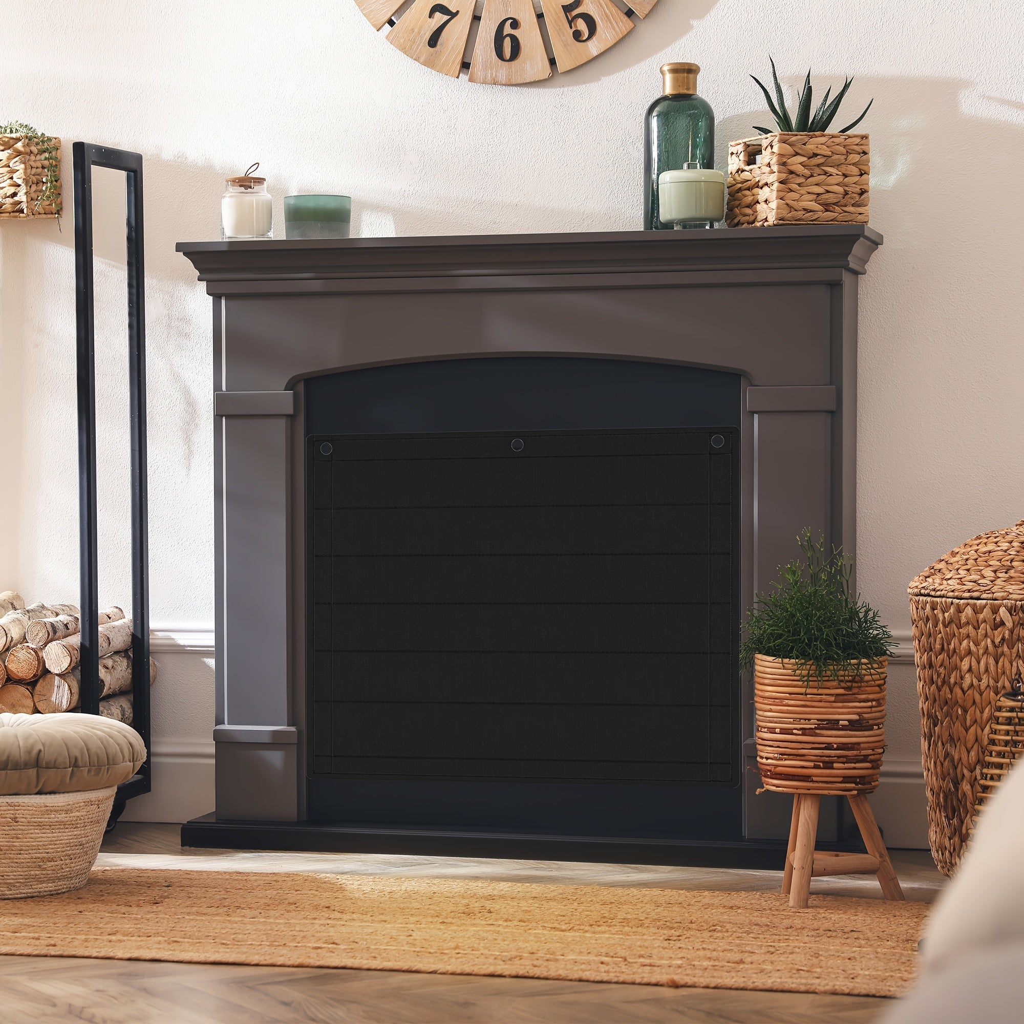 Black Fireplace Cover Indoor Use Flame Retardant Oxford Fabric Heat Loss Prevention