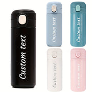 Maxsus lazer bilan o'yilgan matnli zanglamas po'latdan yasalgan suv shishasi, o'lchamlari 7-320ml/11-420ml, qulay foydalanish uchun ko'tariladigan qopqoq, sport va sayohat uchun ideal.