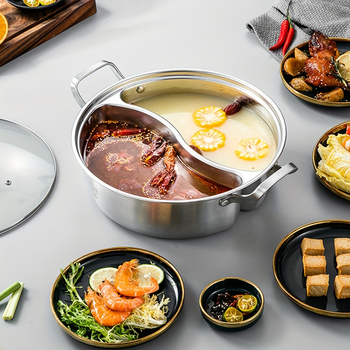 Stainless Steel Hot Pot with Dual Flavors Non-Tainting Soup Separator for Gas and Induction Stovetops