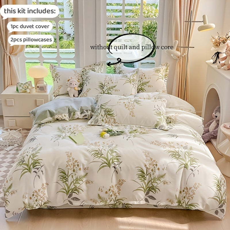 Set of 3 Cotton Duvet Cover and Pillowcase Botanical Print Bedding Soft Skin-Friendly All Seasons