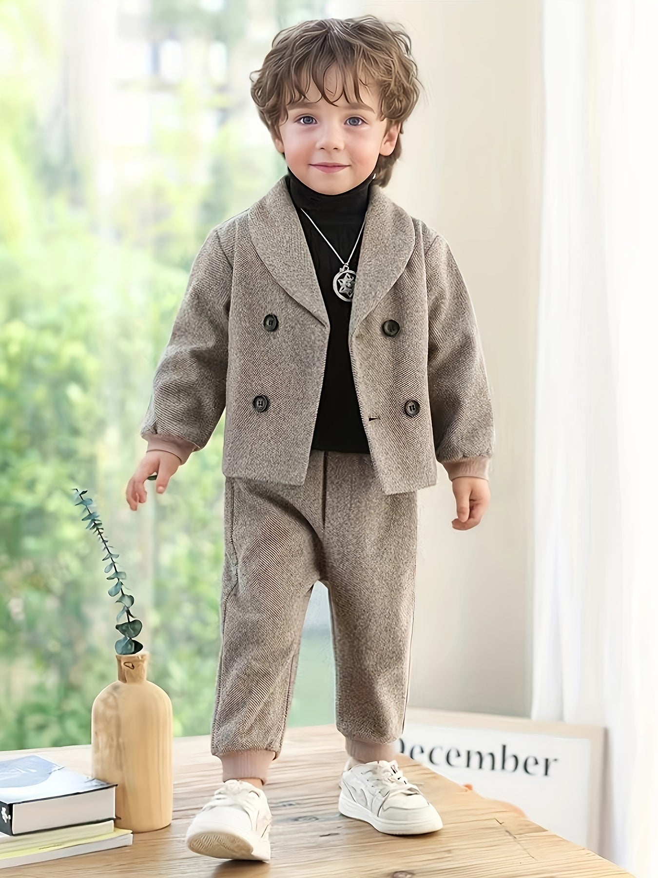 Yigitlar uchun kuzki blazer to'plami vintage ikki tomonlama yopinadigan kostyum uzun qolli rasmiy kundalik