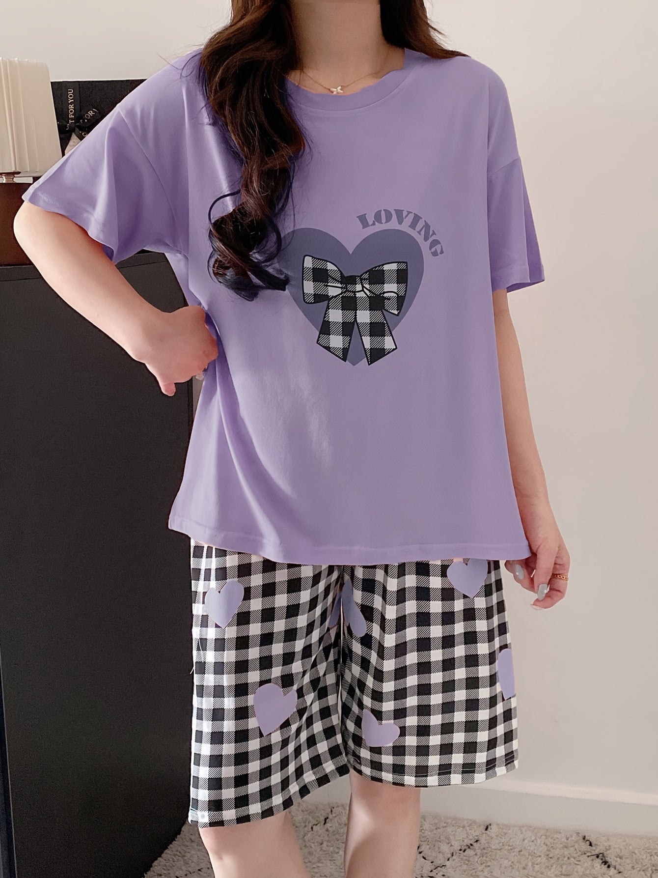 Women's Plus Size Pajama Set Light Purple Heart Checkered Lounge Wear