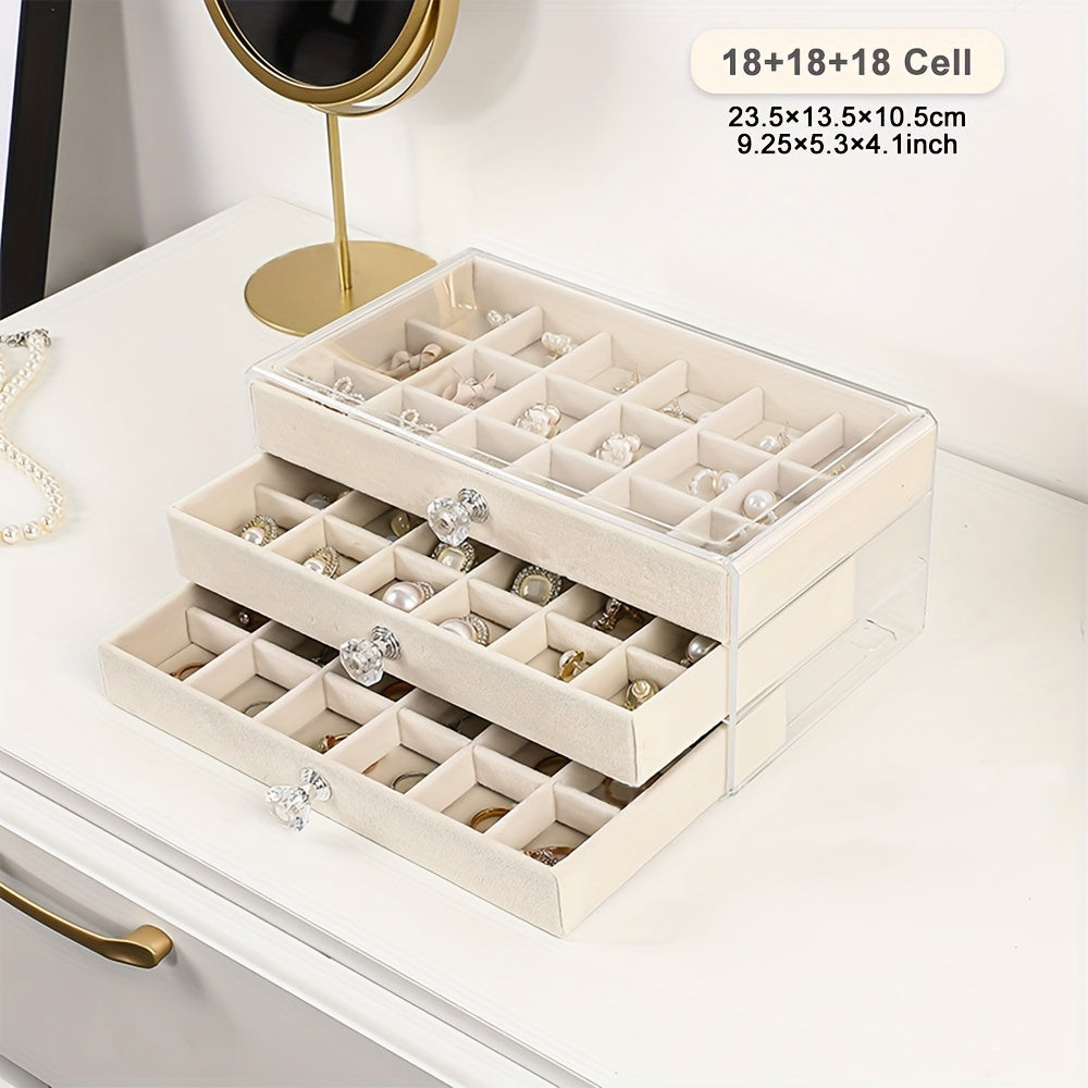 Organizador de joyas de acrílico con cajón de forro suave para collares, pendientes y anillos, azul claro y rosa