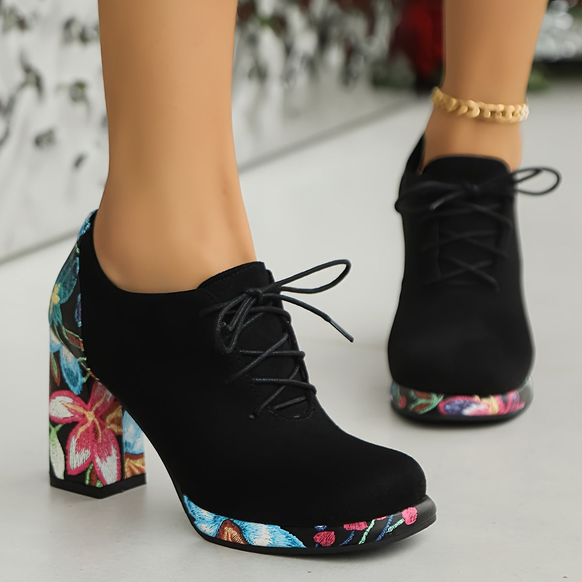 Women's Ankle Boots Fabric Platform Lace-Up Chunky Heel Black Floral Navy Red