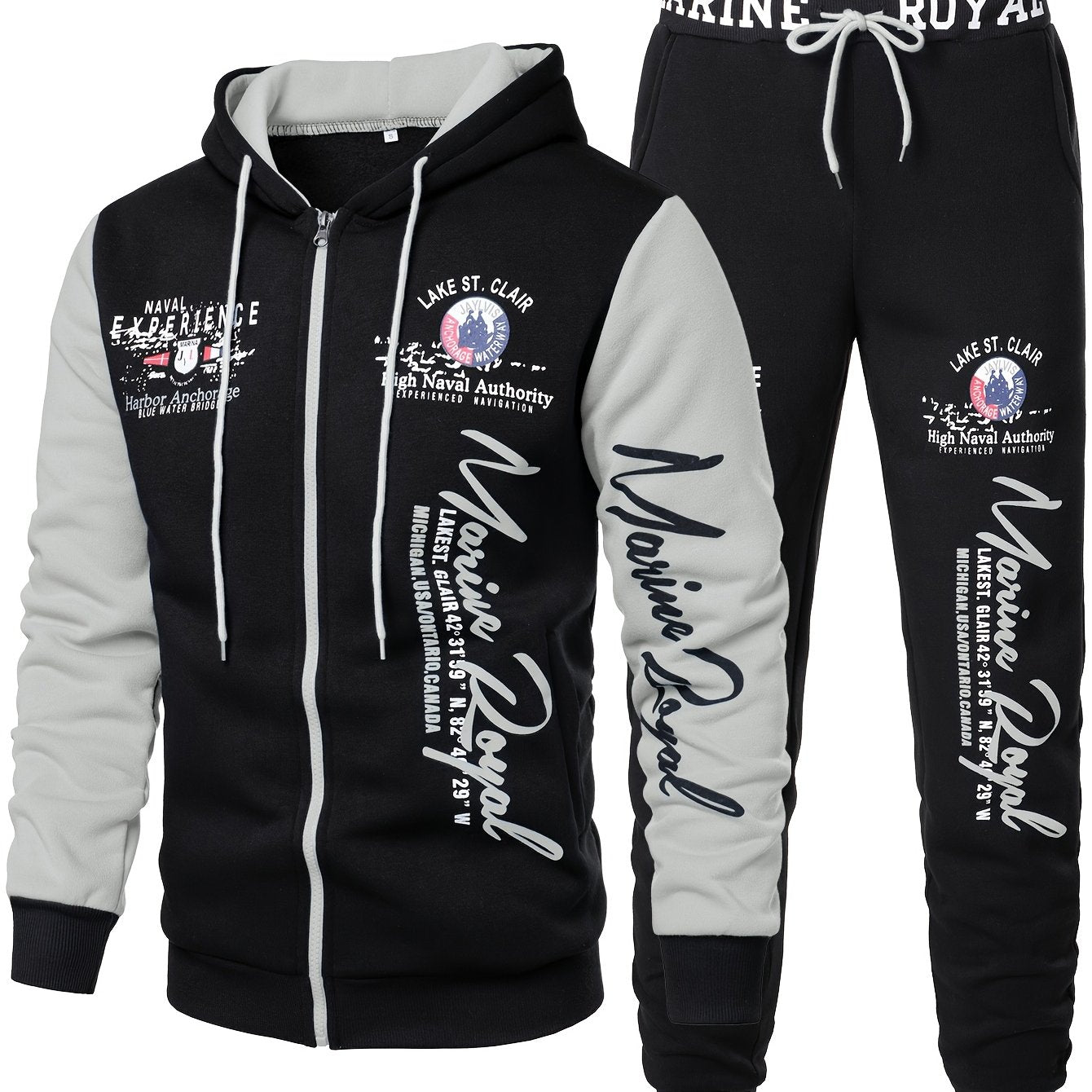 Men's Polyester Hooded Tracksuit Set with Print Pattern and Elastic Waistband