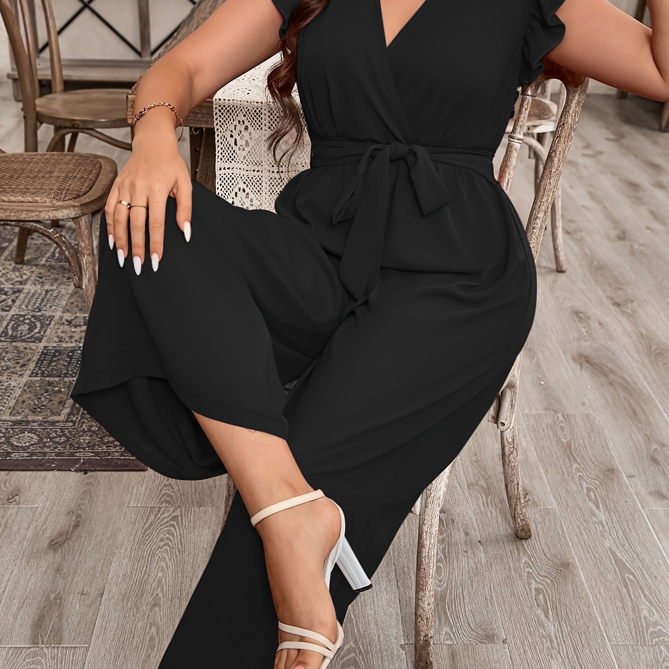 Plus Size Jumpsuit with Batwing Sleeves Waist Belt Bust 110cm Women