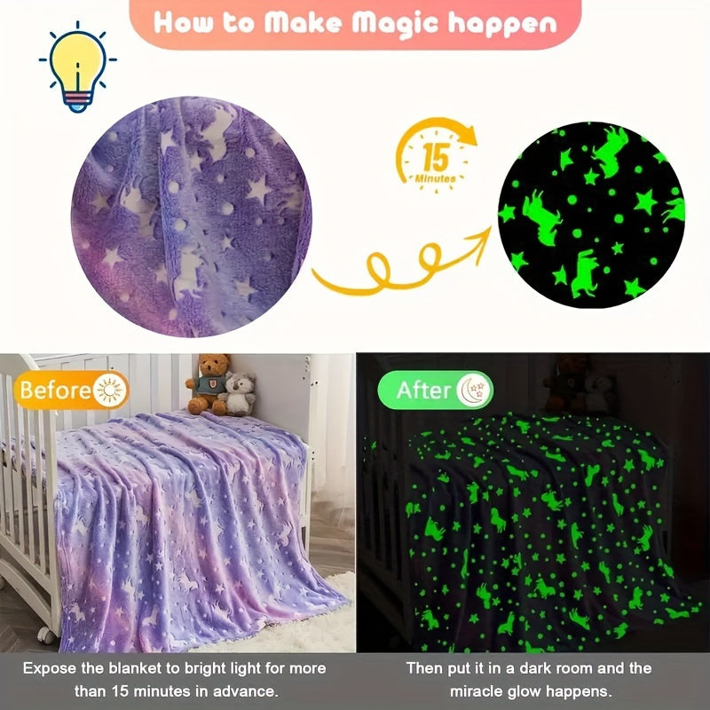 Unicorn and Star Pattern Glow-in-the-Dark Plush Throw Blanket for Kids and Adults