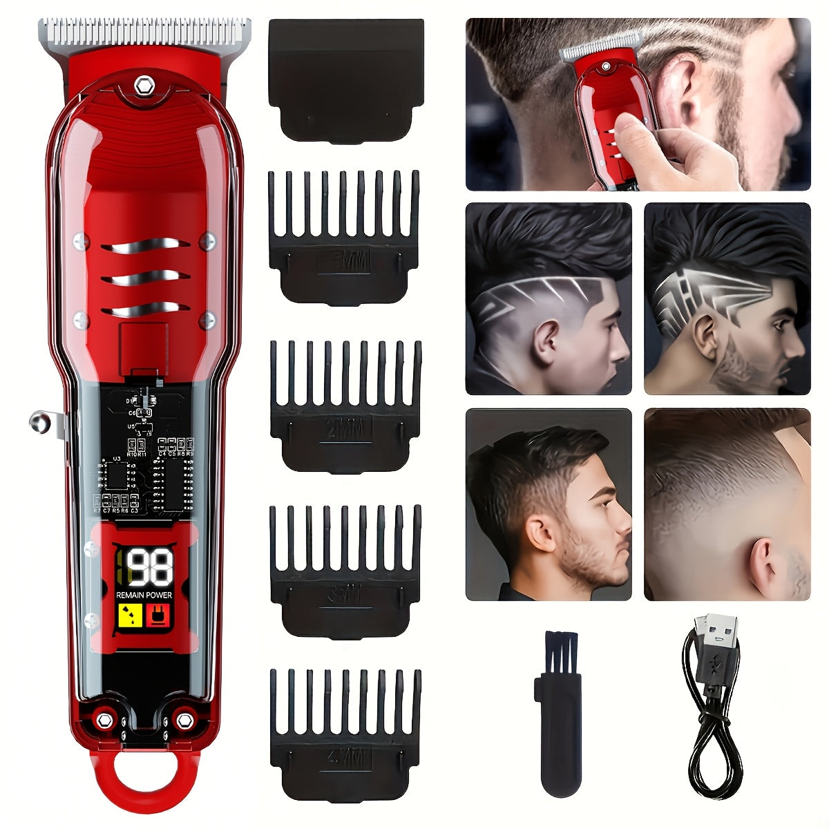 Red Electric Hair Clipper with LCD Display USB Rechargeable for Home Travel Salon