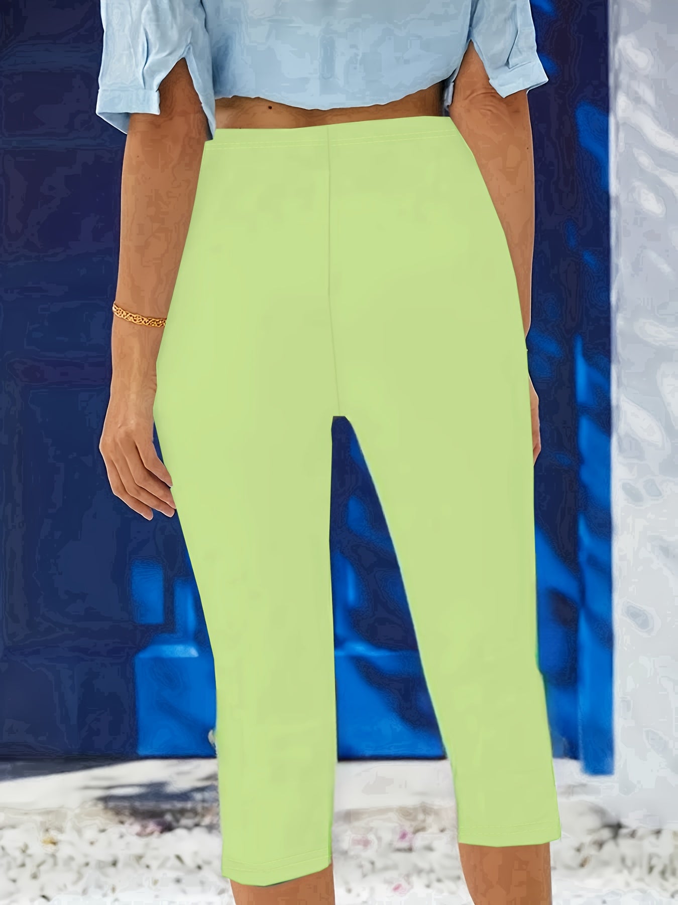 Plus Size Women's Stretchy High-Waisted Capri Leggings Solid Color Casual Pants