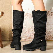Women's Black Knee-High Fabric Boots with Buckle Straps and Chunky Heel
