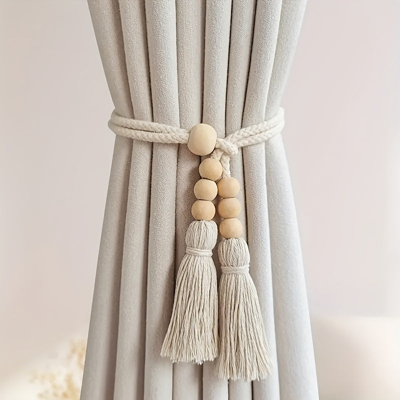 Set of 2 Bohemian Wooden Bead Curtain Tiebacks with Tassels for Living Room and Bedroom